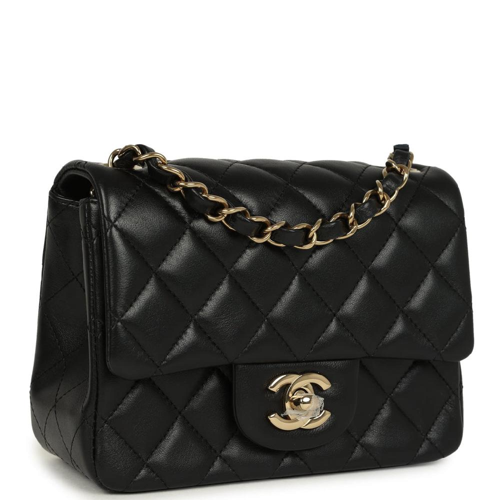 Chanel Mini Classic Square Flap Bag Black Lambskin Light Gold Hardware