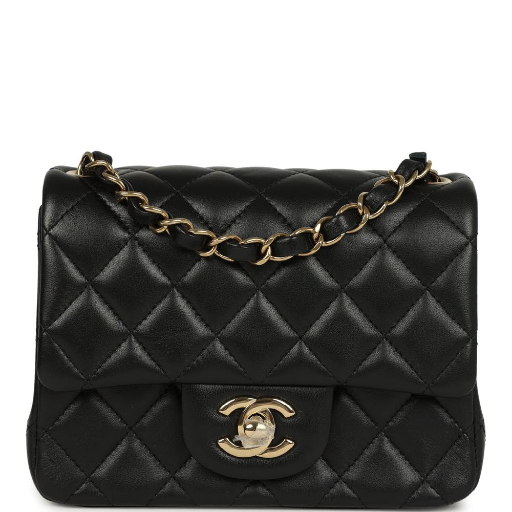Chanel Mini Classic Square Flap Bag Black Lambskin Light Gold Hardware