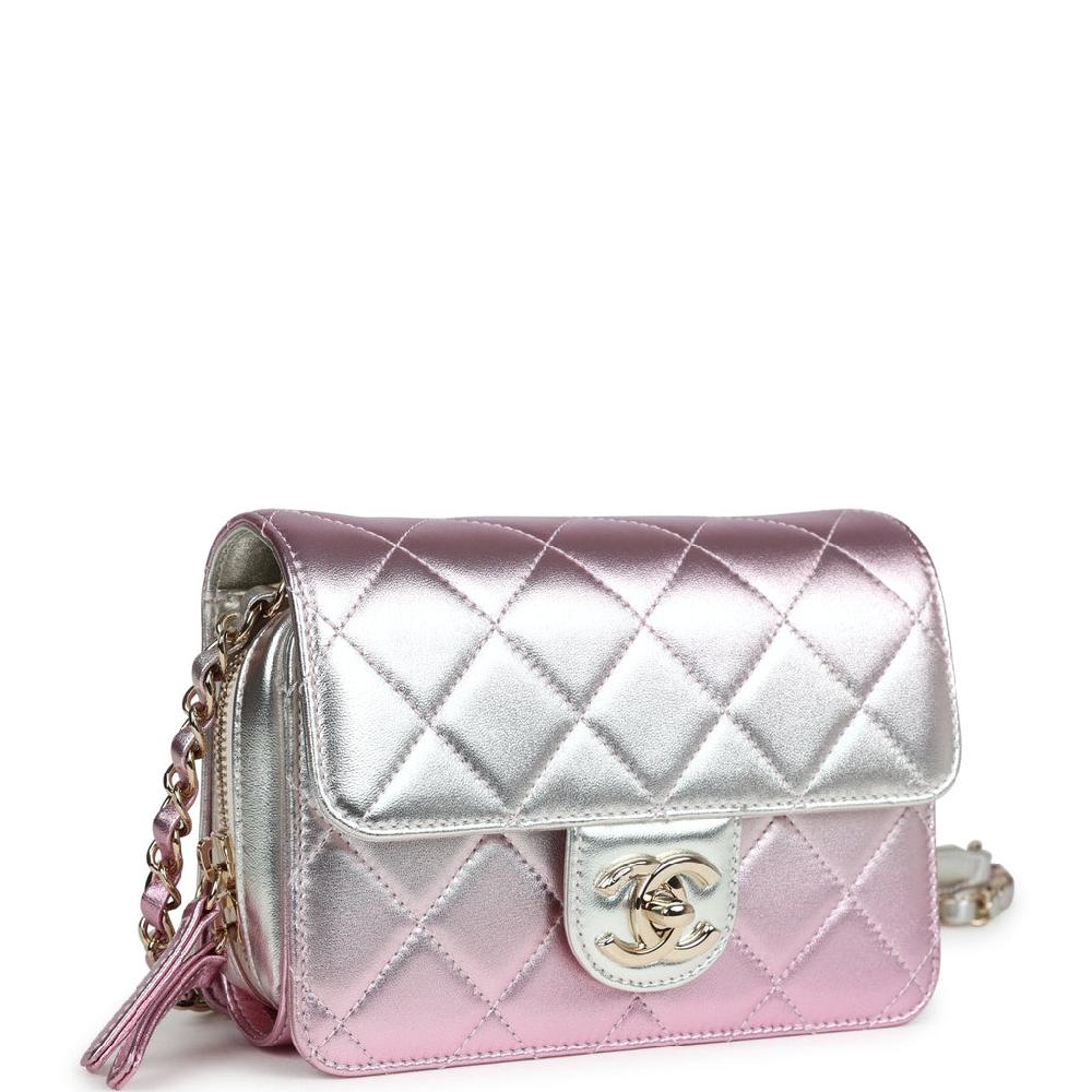Chanel Mini Flap Bag Pink And Silver Metallic Lambskin Light Gold Hardware