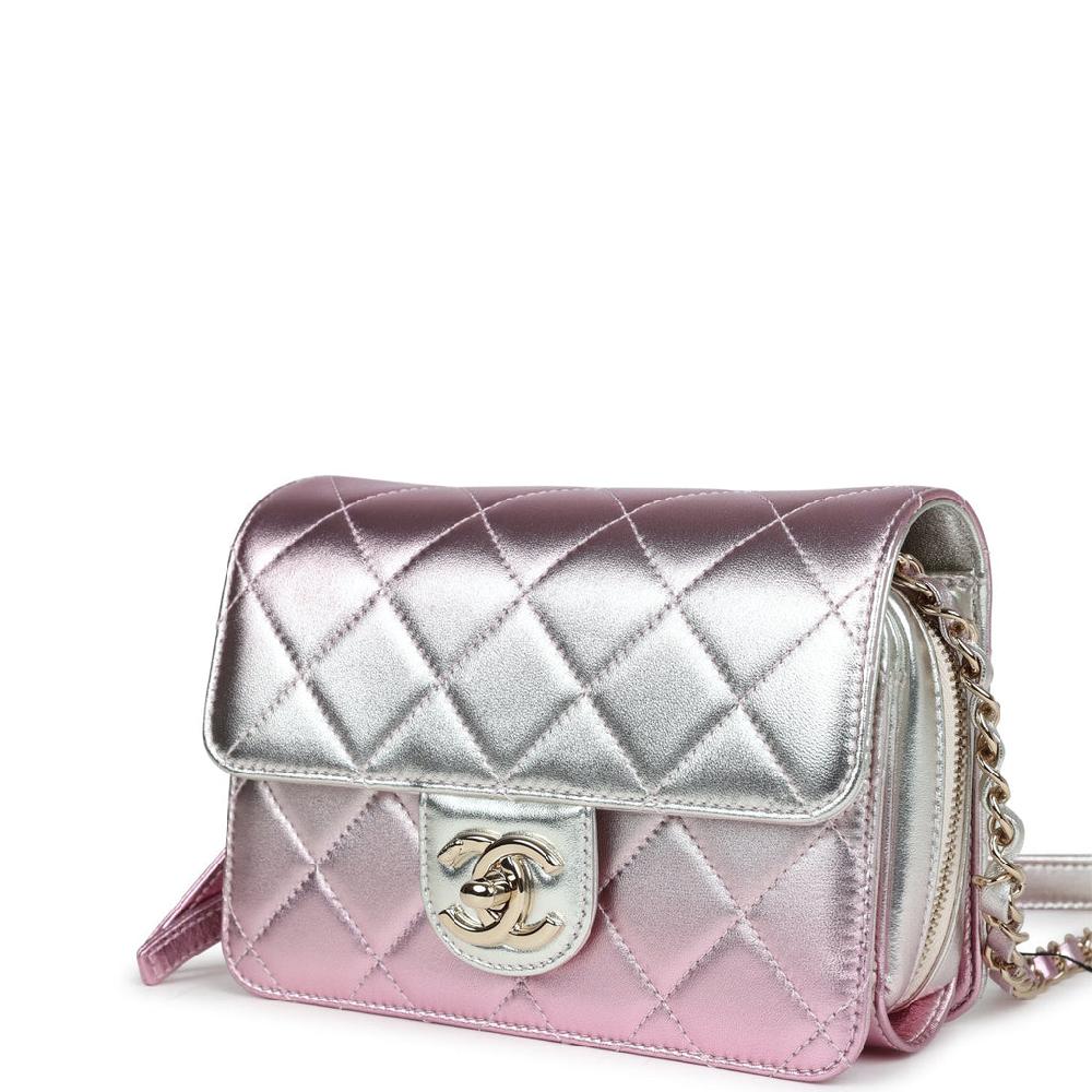 Chanel Mini Flap Bag Pink And Silver Metallic Lambskin Light Gold Hardware