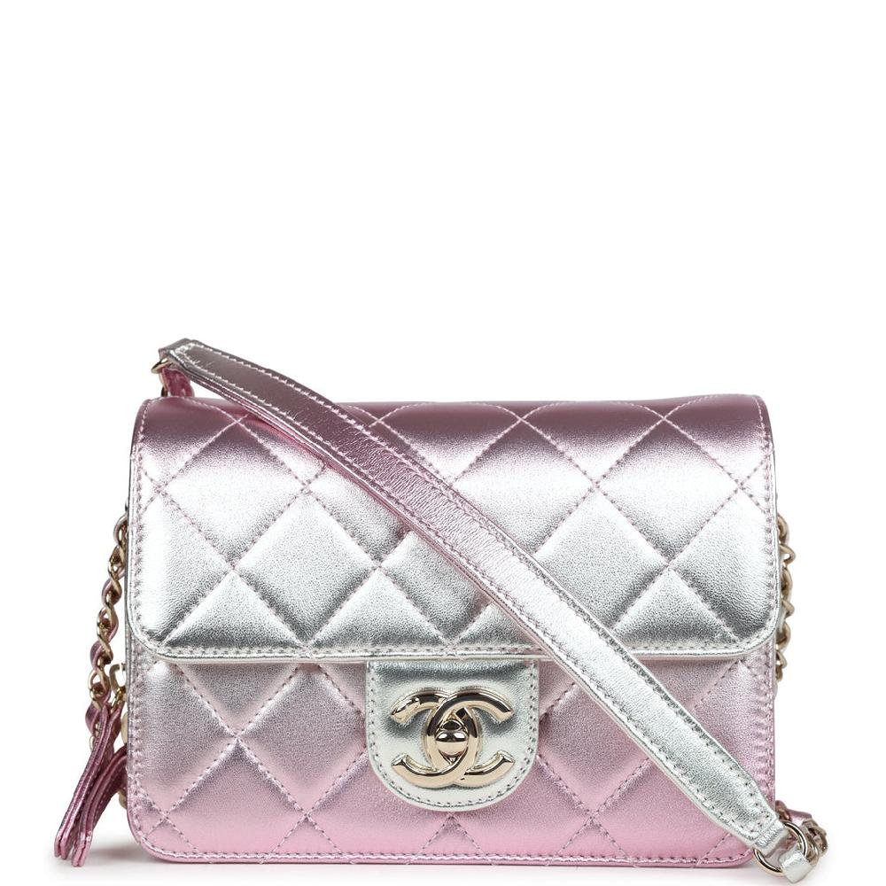 Chanel Mini Flap Bag Pink and Silver Metallic Lambskin Light Gold Hardware
