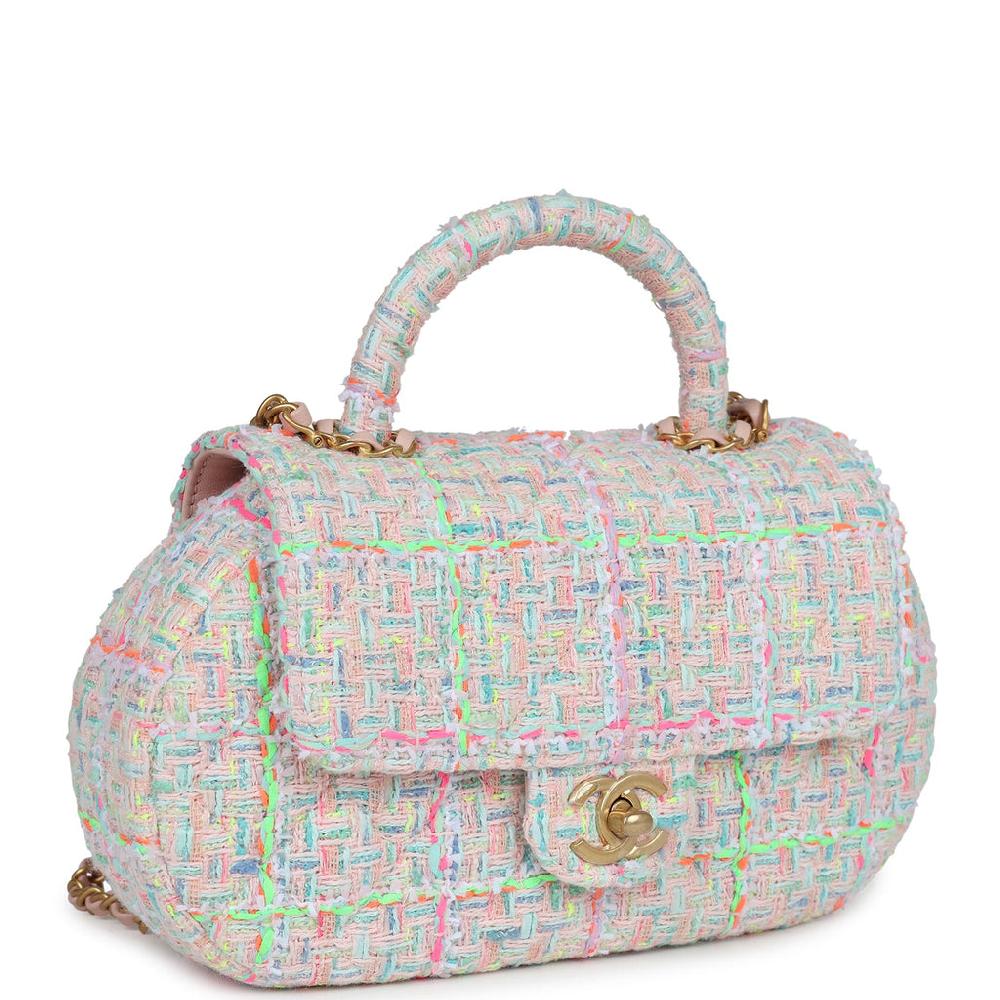 Chanel Mini Flap Bag With Top Handle Pink Tweed Antique Gold Hardware
