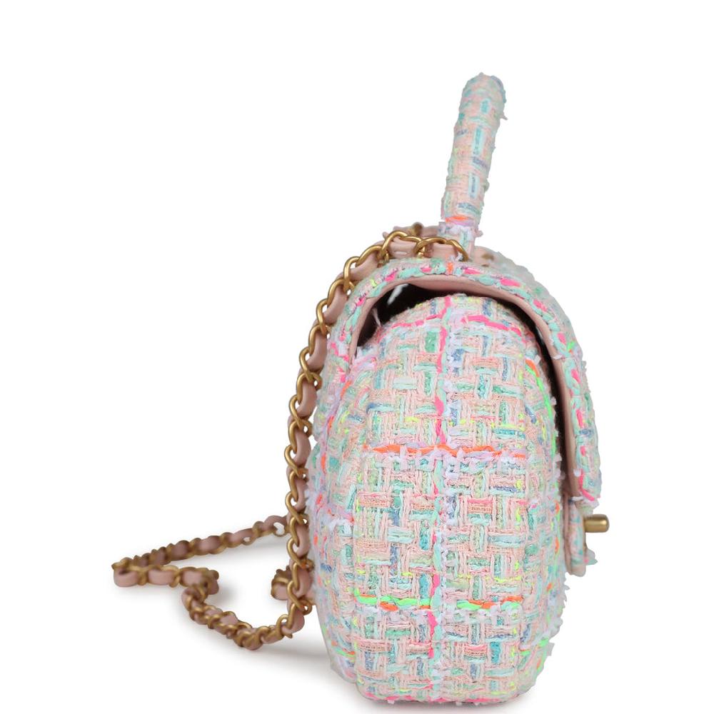 Chanel Mini Flap Bag With Top Handle Pink Tweed Antique Gold Hardware