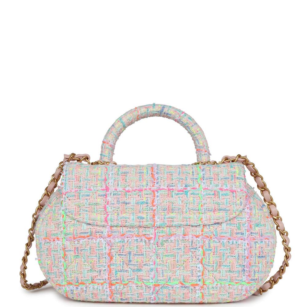 Chanel Mini Flap Bag With Top Handle Pink Tweed Antique Gold Hardware