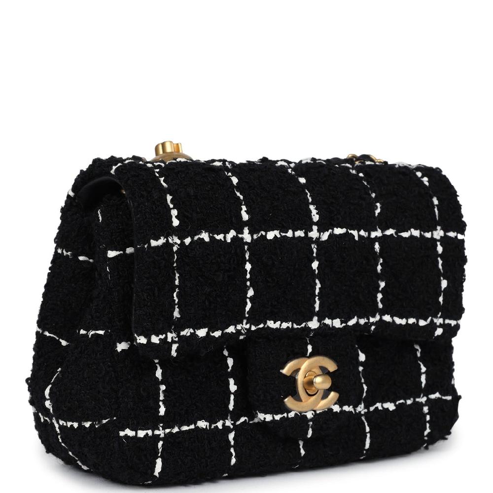 Chanel Mini Pearl Crush Square Flap Bag White And Black Tweed Antique Gold Hardware