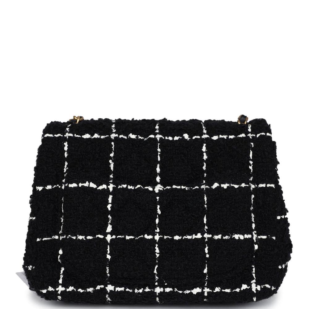 Chanel Mini Pearl Crush Square Flap Bag White And Black Tweed Antique Gold Hardware