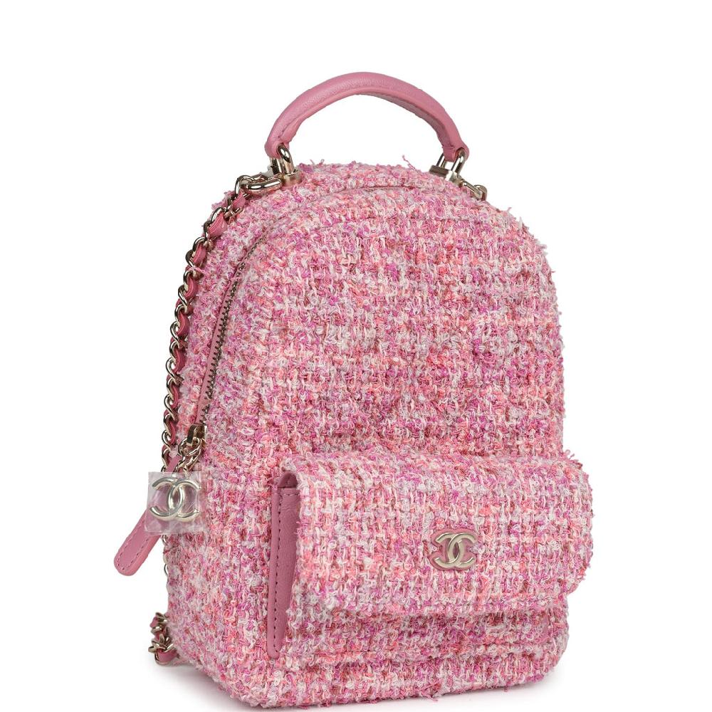 Chanel Mini Phone Holder Backpack With Chain Pink Multicolor Tweed Light Gold Hardware
