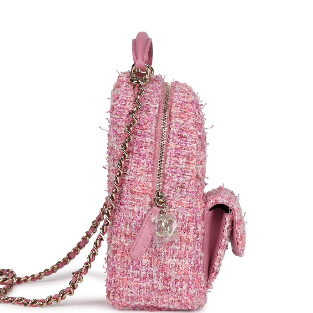 Chanel Mini Phone Holder Backpack With Chain Pink Multicolor Tweed Light Gold Hardware
