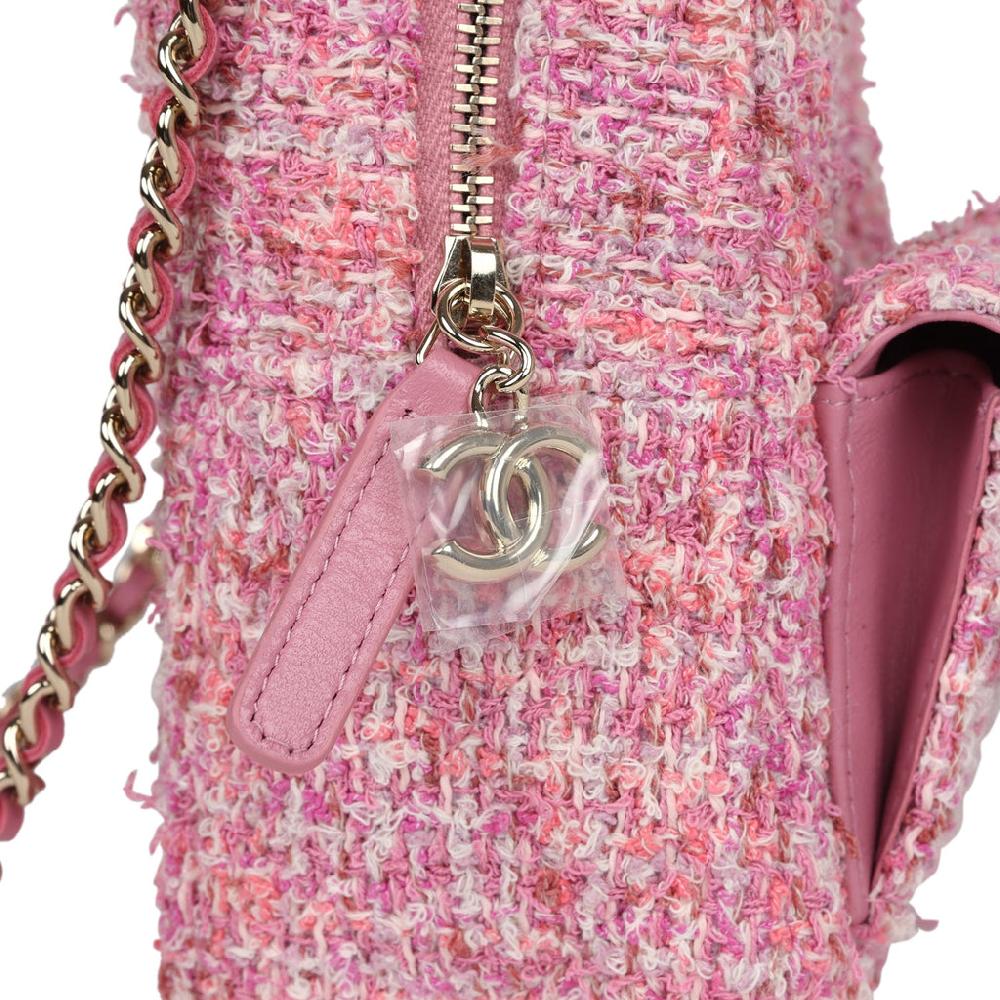 Chanel Mini Phone Holder Backpack With Chain Pink Multicolor Tweed Light Gold Hardware