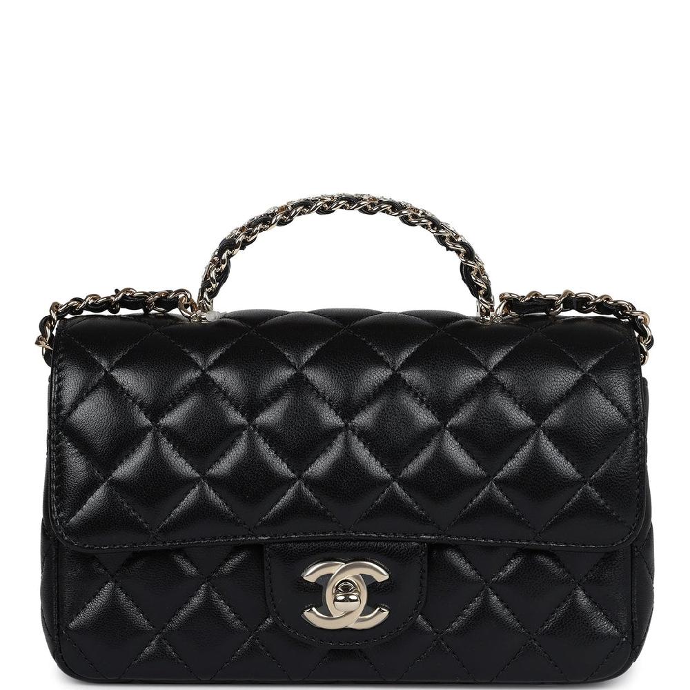 Chanel Mini Rectangular Crystal Top Handle Flap Bag Black Lambskin Light Gold Hardware