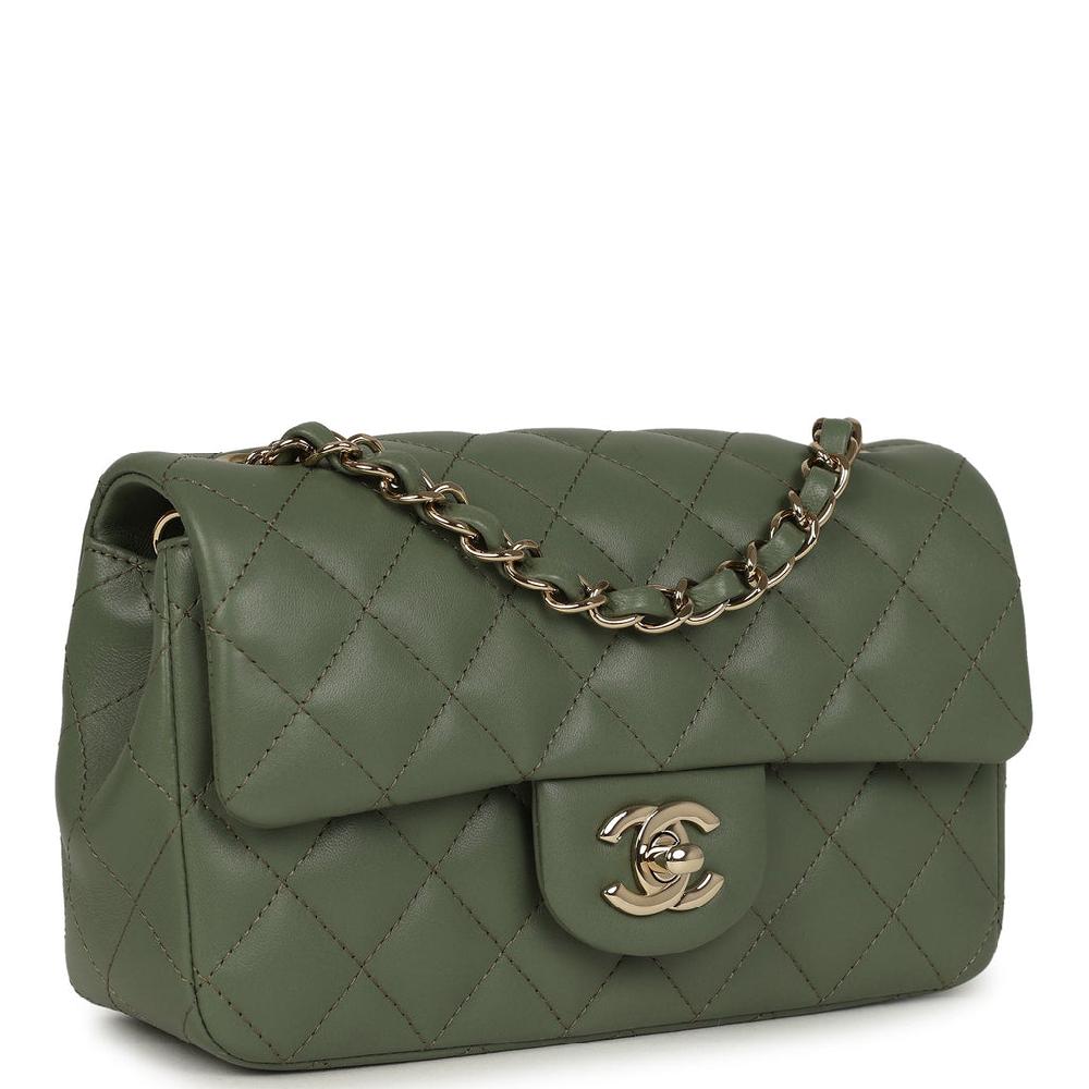 Chanel Mini Rectangular Flap Bag Dark Green Lambskin Light Gold Hardware