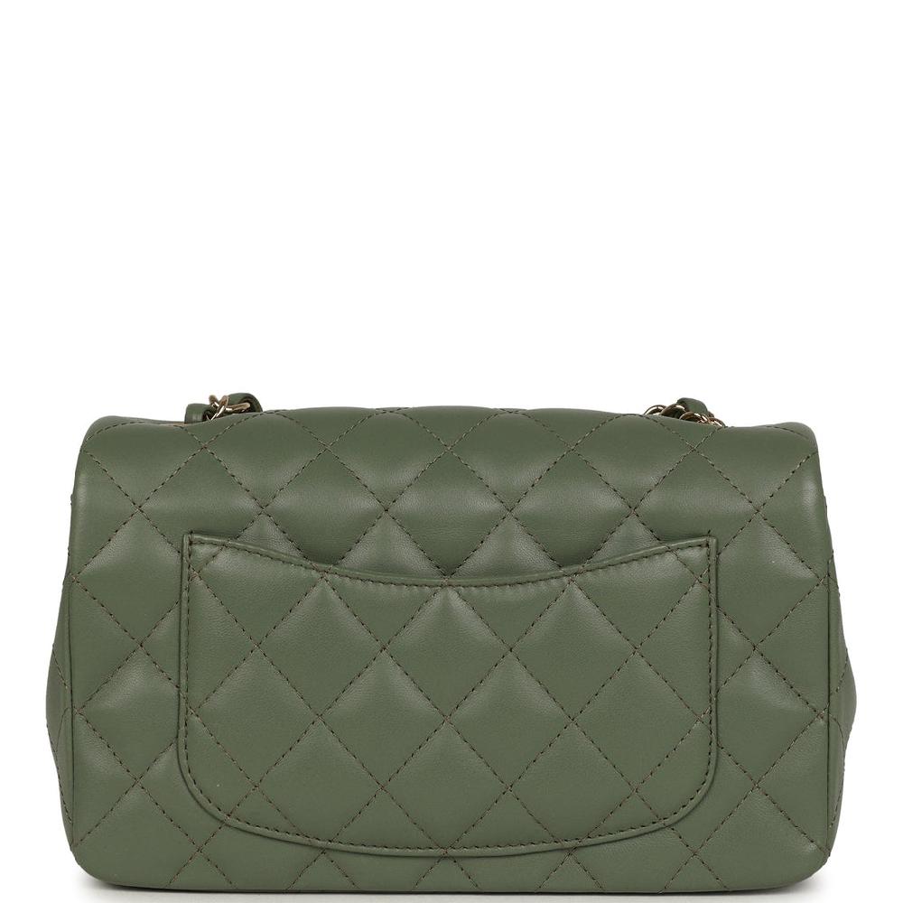 Chanel Mini Rectangular Flap Bag Dark Green Lambskin Light Gold Hardware