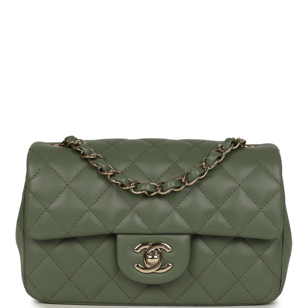 Chanel Mini Rectangular Flap Bag Dark Green Lambskin Light Gold Hardware