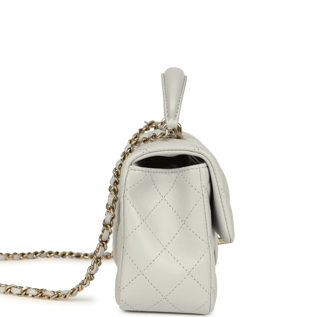 Chanel Mini Rectangular Flap Bag With Top Handle Light Grey Lambskin Light Gold Hardware