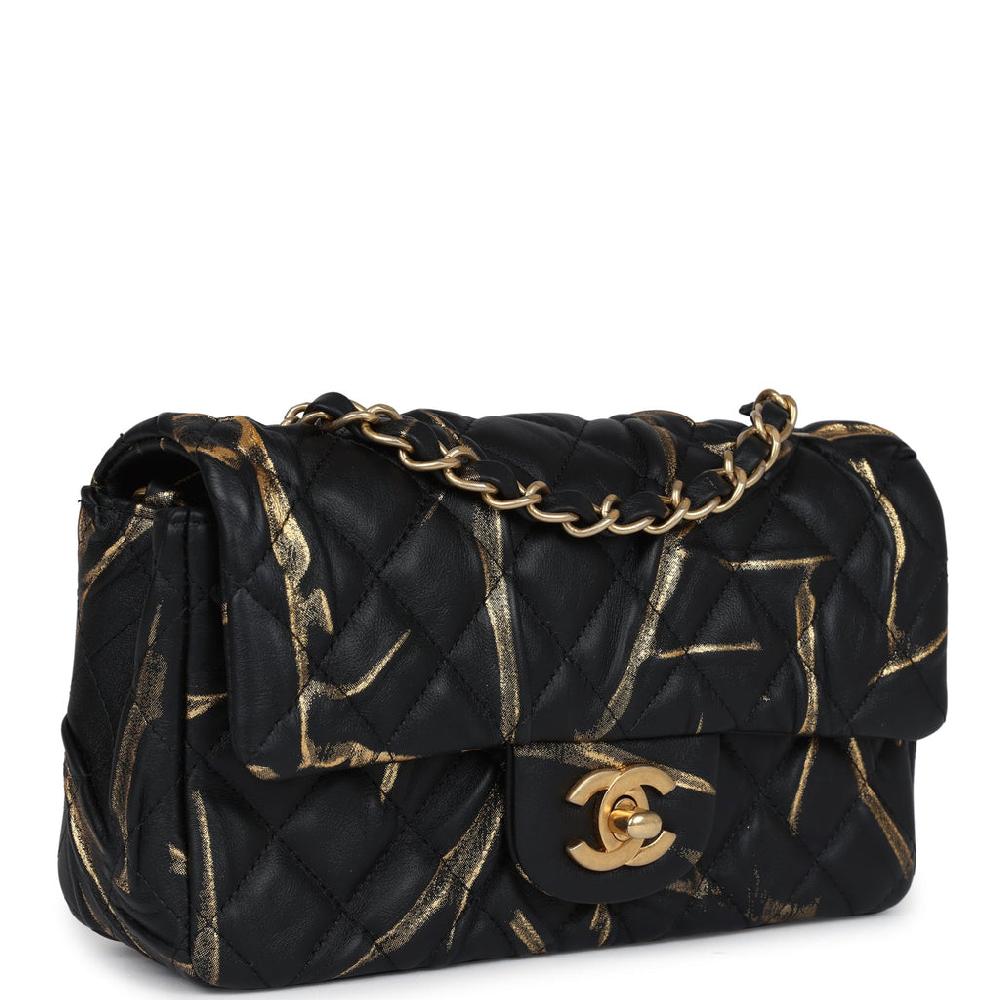 Chanel Mini Rectangular Flap Black And Gold Aged Calfskin Antique Gold Hardware