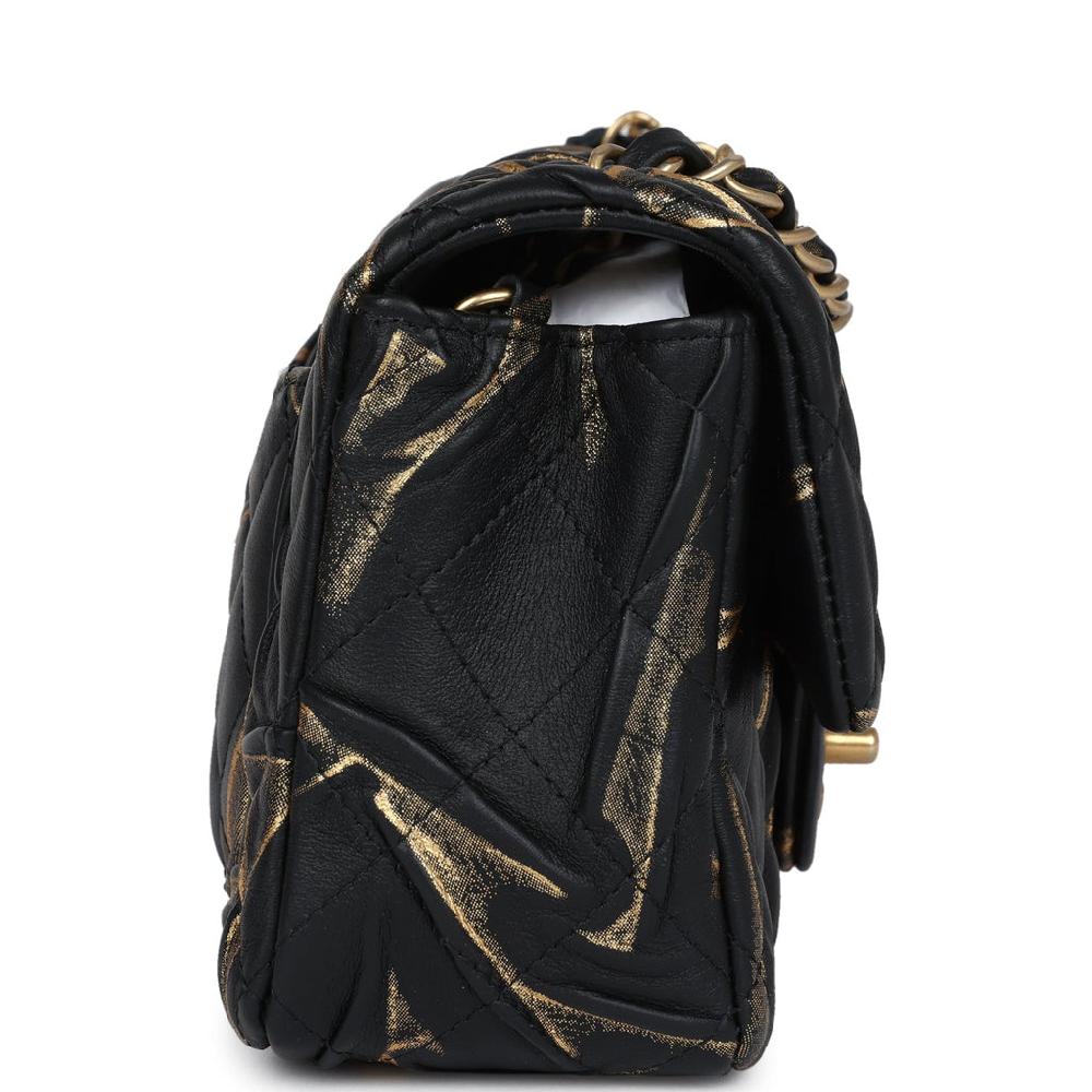 Chanel Mini Rectangular Flap Black And Gold Aged Calfskin Antique Gold Hardware