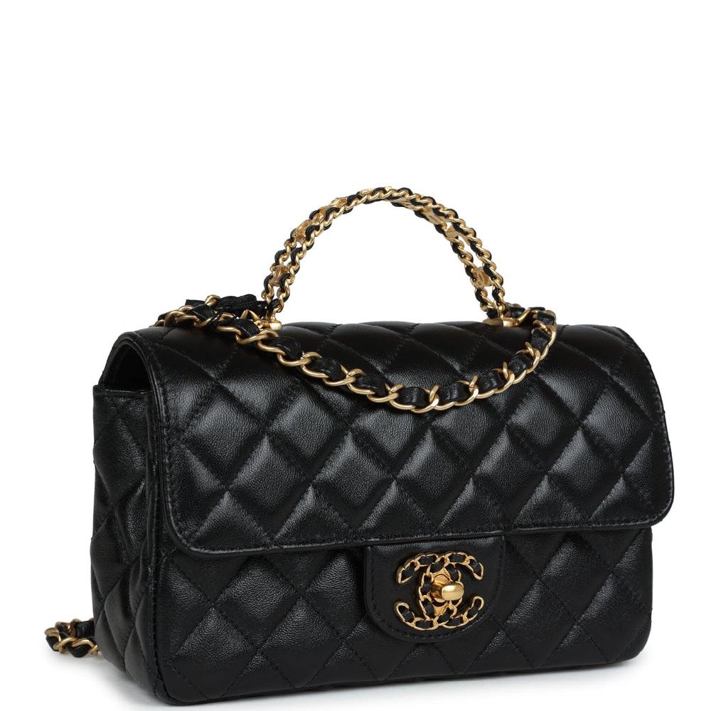Chanel Mini Rectangular Flap With Top Handle Black Lambskin Antique Gold Hardware