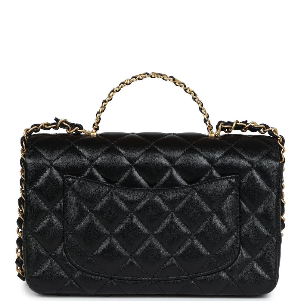 Chanel Mini Rectangular Flap With Top Handle Black Lambskin Antique Gold Hardware