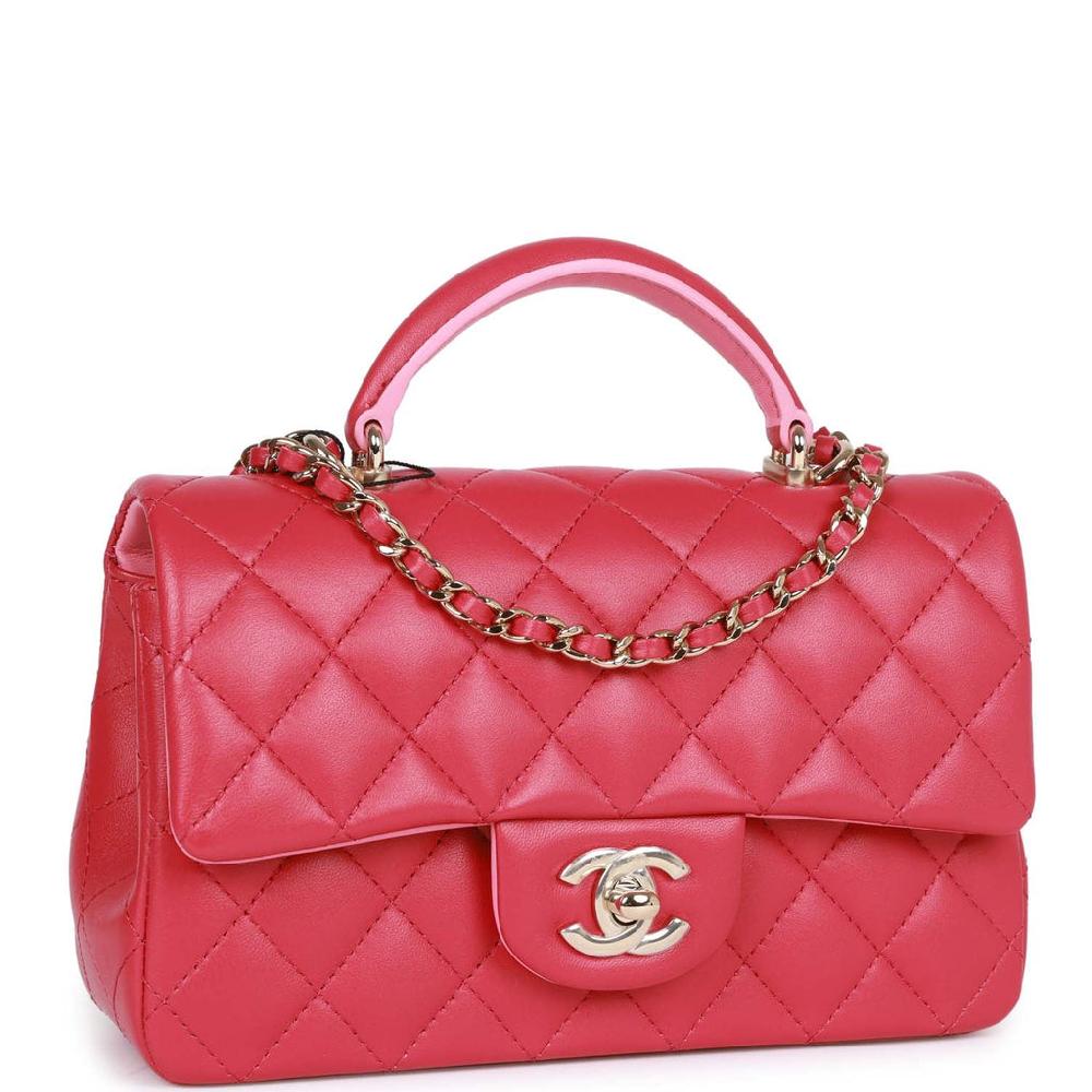 Chanel Mini Rectangular Flap With Top Handle Pink Lambskin Light Gold Hardware