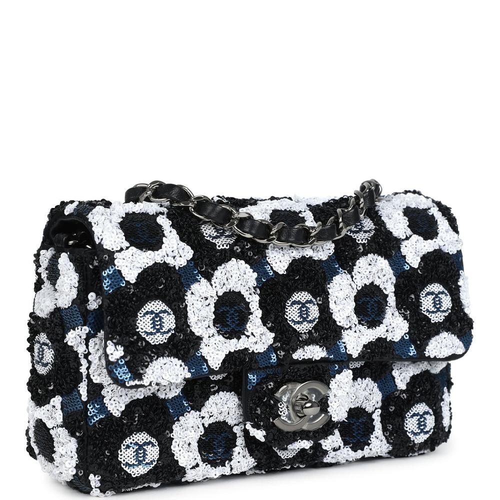 Chanel Mini Rectangular Flower Flap Bag Black Navy And White Sequin Ruthenium Hardware