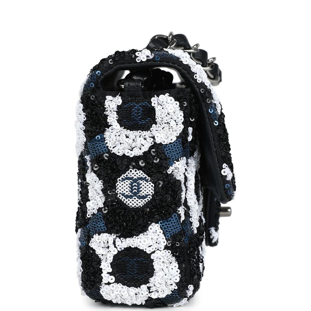 Chanel Mini Rectangular Flower Flap Bag Black Navy And White Sequin Ruthenium Hardware
