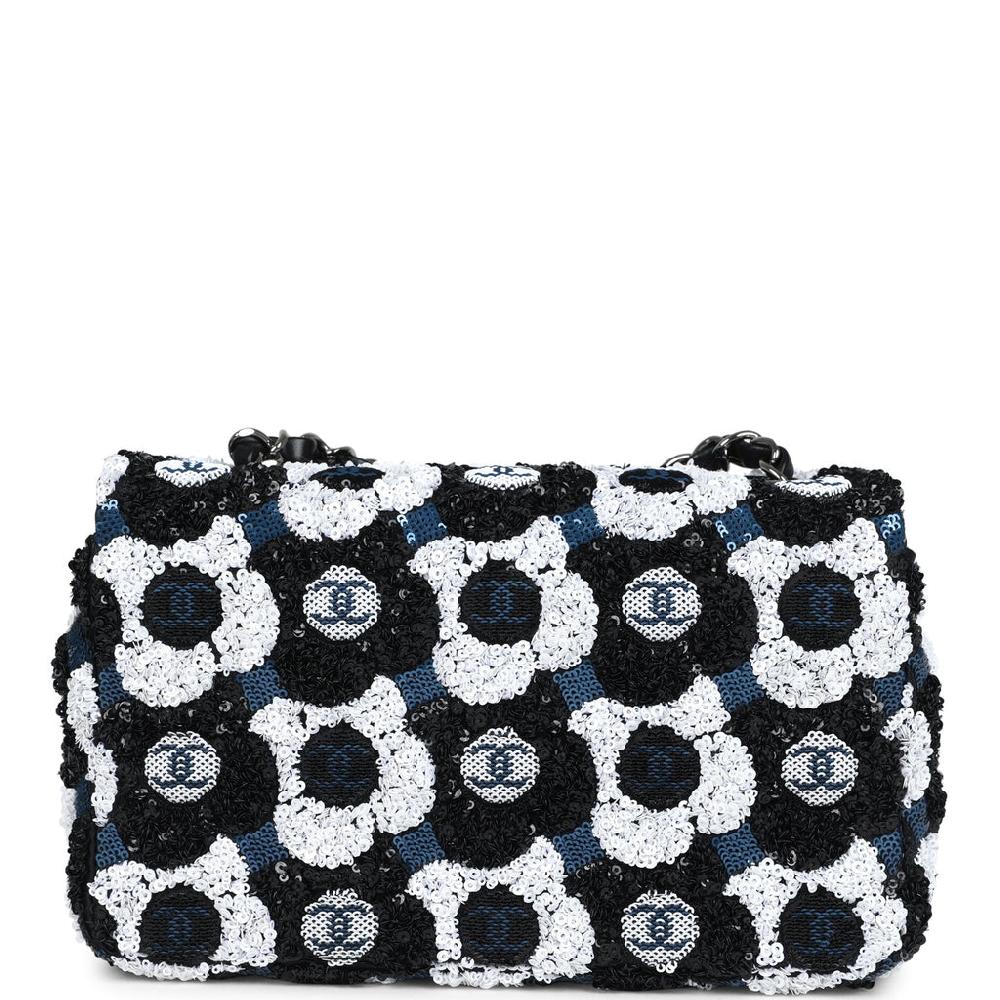 Chanel Mini Rectangular Flower Flap Bag Black Navy And White Sequin Ruthenium Hardware