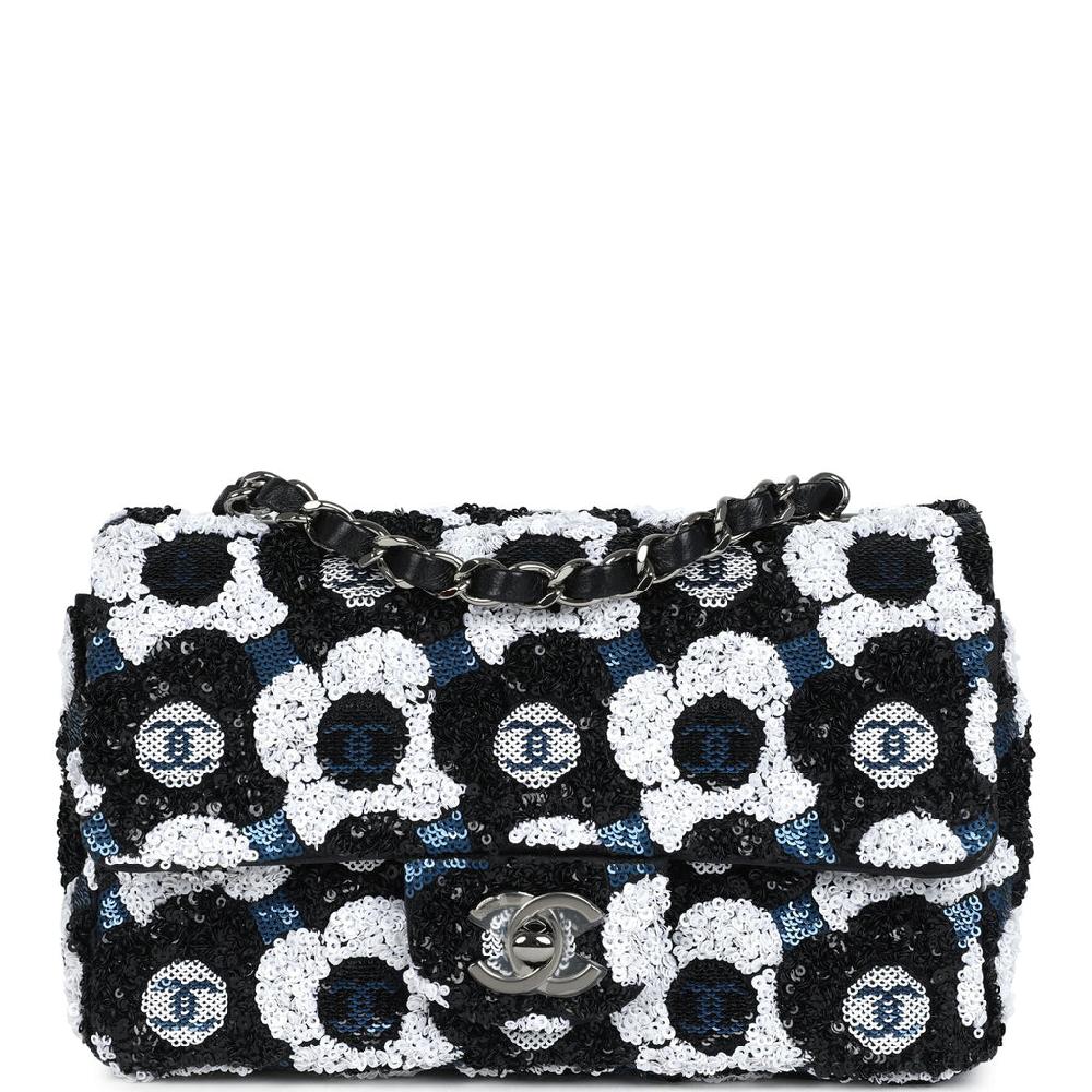 Chanel Mini Rectangular Flower Flap Bag Black Navy and White Sequin Ruthenium Hardware