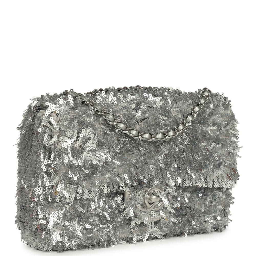 Chanel Mini Rectangular Fringe Flap Bag Silver Sequin Silver Hardware