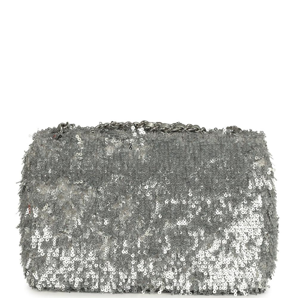 Chanel Mini Rectangular Fringe Flap Bag Silver Sequin Silver Hardware