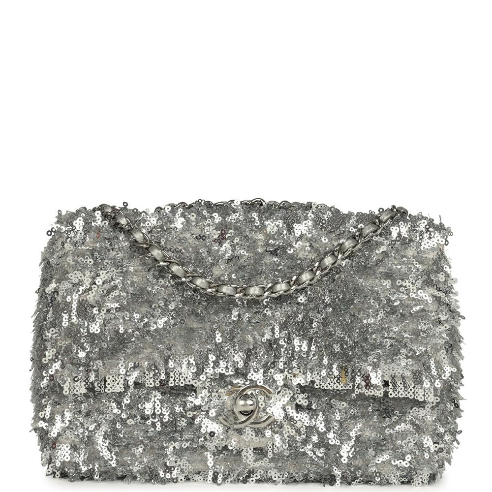 Chanel Mini Rectangular Fringe Flap Bag Silver Sequin Silver Hardware