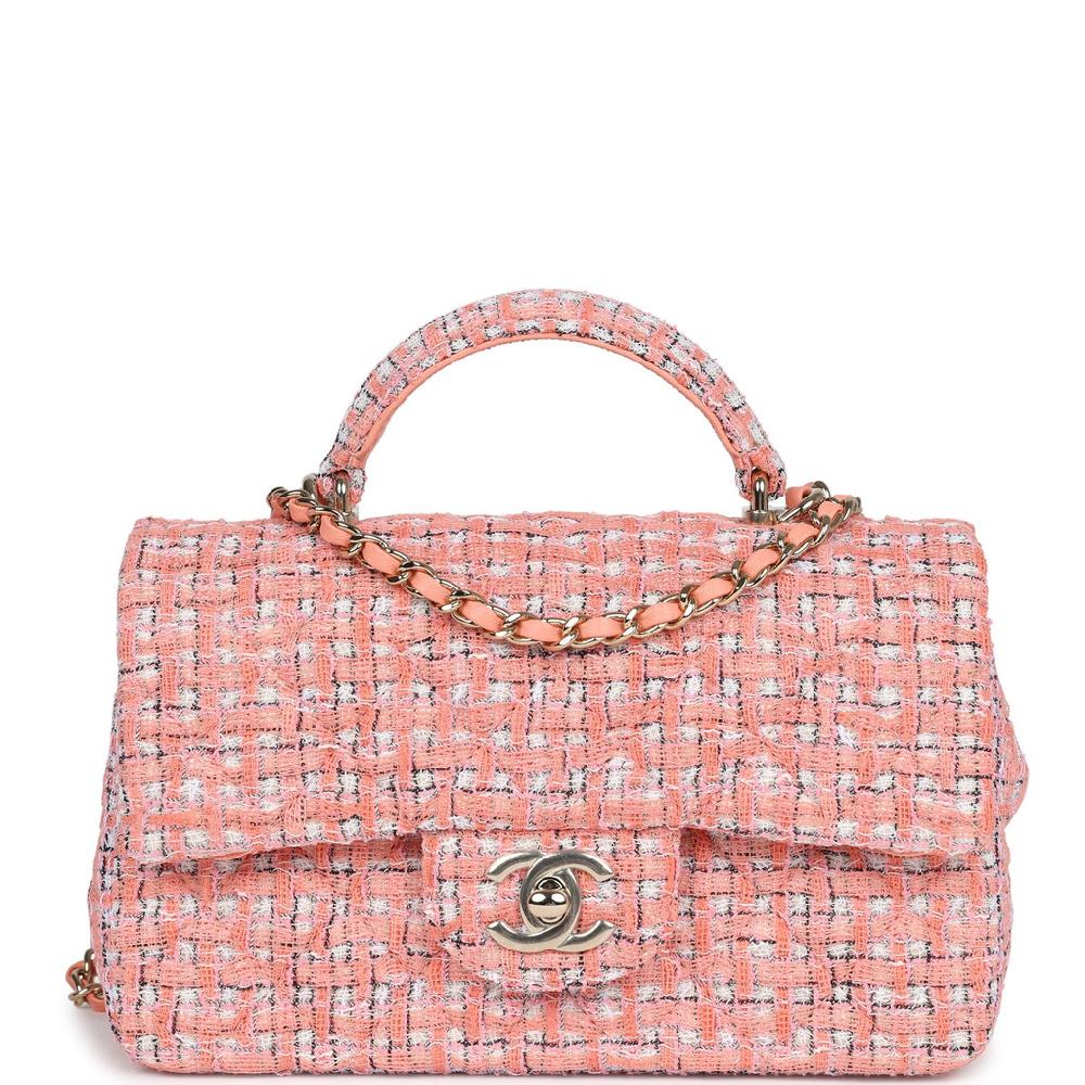 Chanel Mini Rectangular Top Handle Flap Bag Coral Tweed Light Gold Hardware