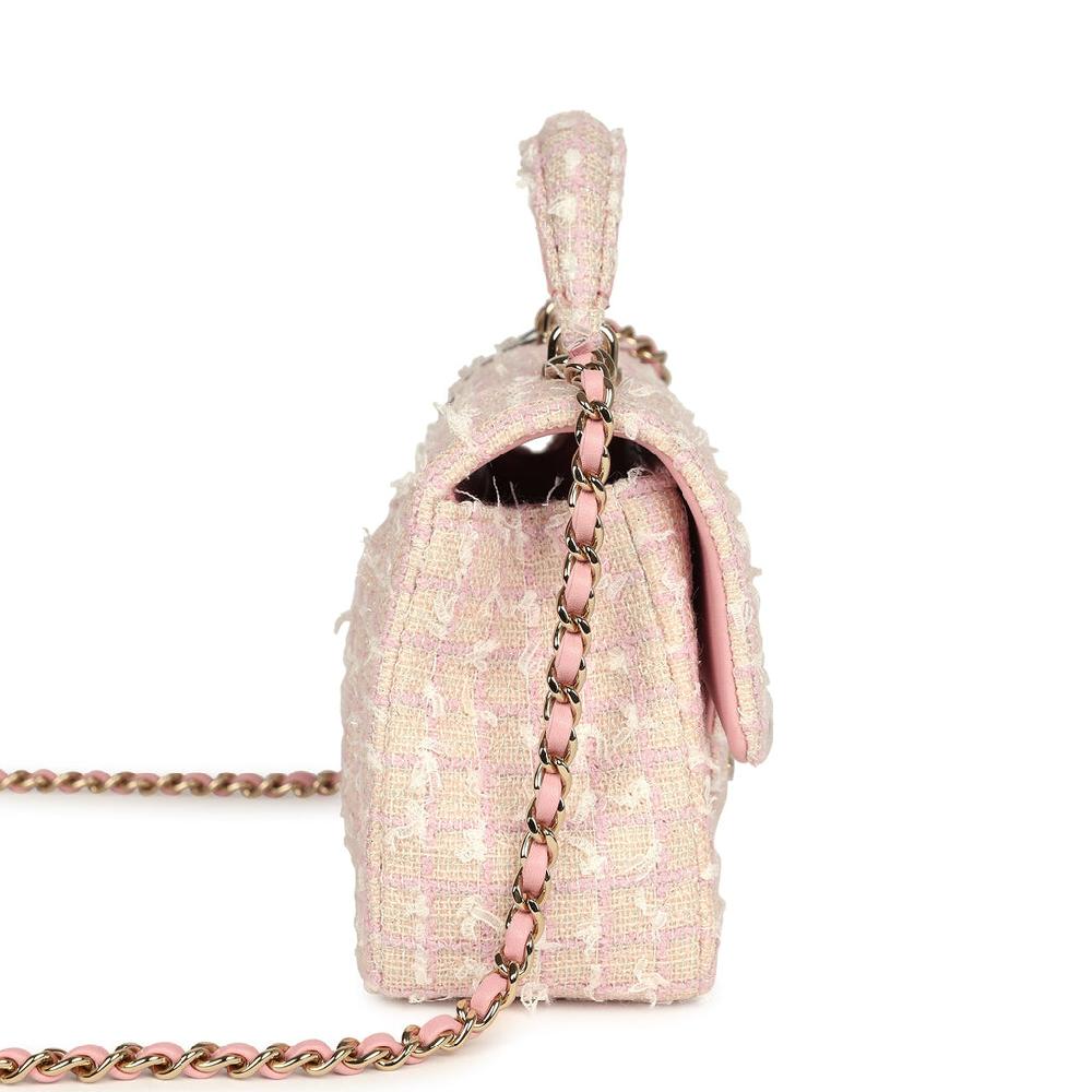 Chanel Mini Rectangular Top Handle Flap Pink And White Tweed Light Gold Hardware