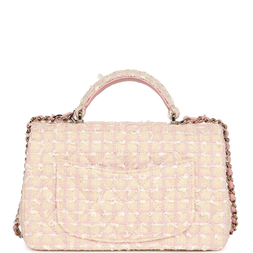 Chanel Mini Rectangular Top Handle Flap Pink And White Tweed Light Gold Hardware