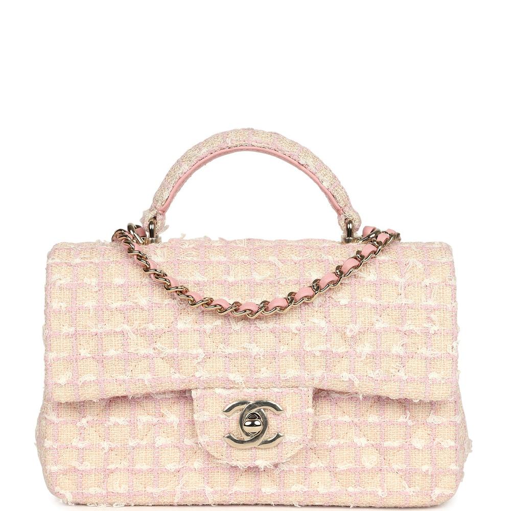 Chanel Mini Rectangular Top Handle Flap Pink and White Tweed Light Gold Hardware