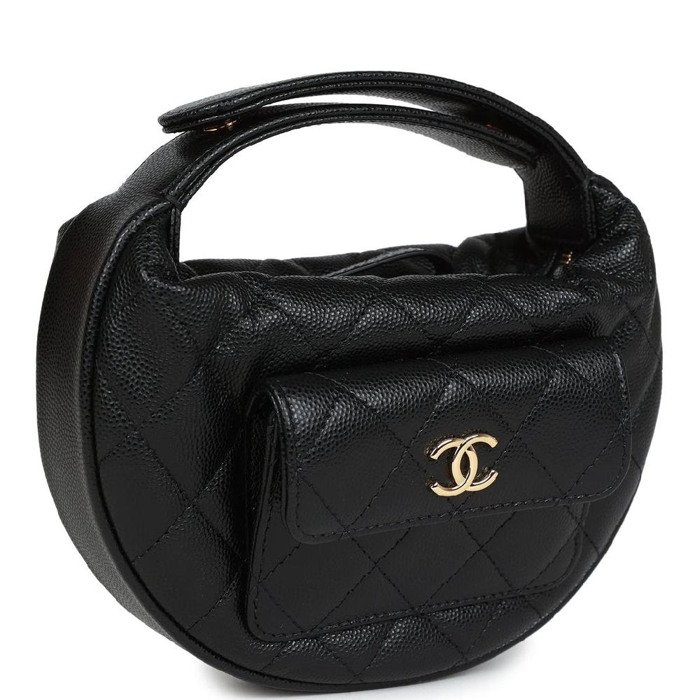 Chanel Mini Round Hobo Pouch Bag Black Caviar Gold Hardware
