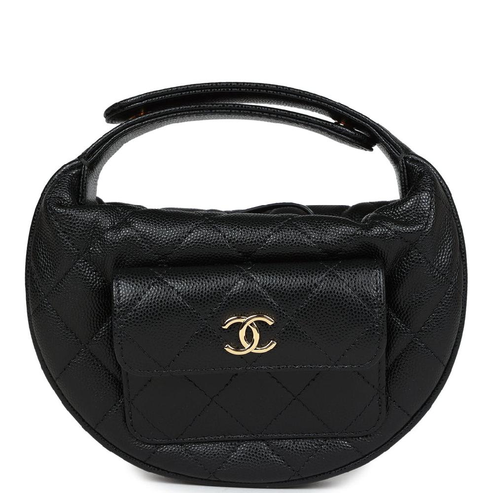 Chanel Mini Round Hobo Pouch Bag Black Caviar Gold Hardware