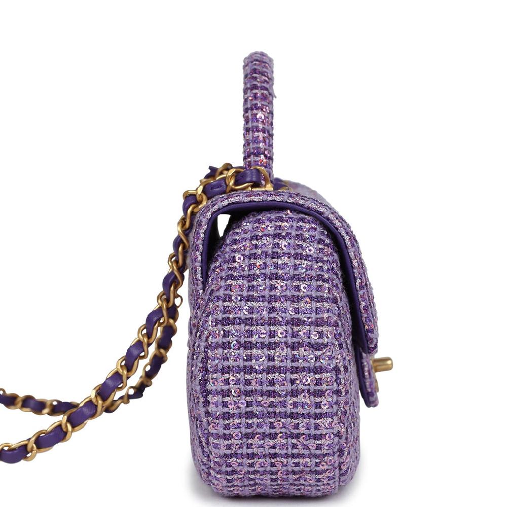 Chanel Mini Sequin Flap Bag With Top Handle Purple Tweed Antique Gold Hardware