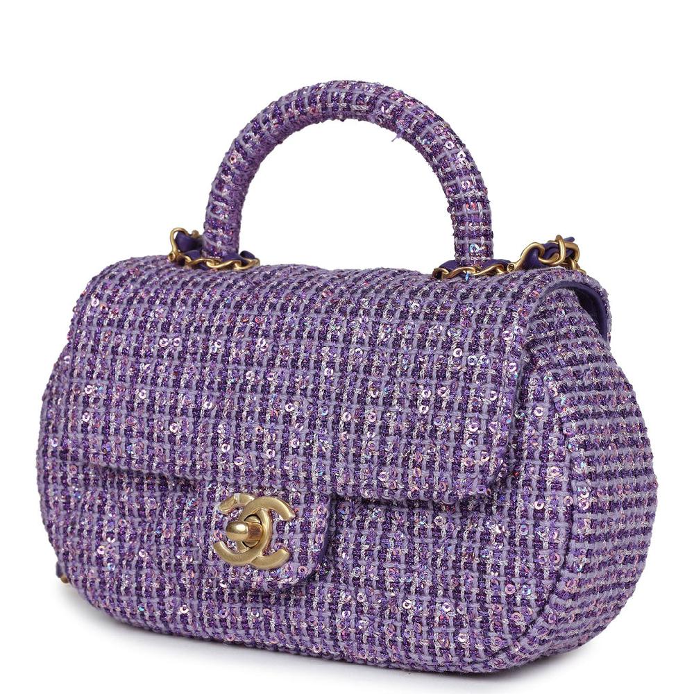 Chanel Mini Sequin Flap Bag With Top Handle Purple Tweed Antique Gold Hardware