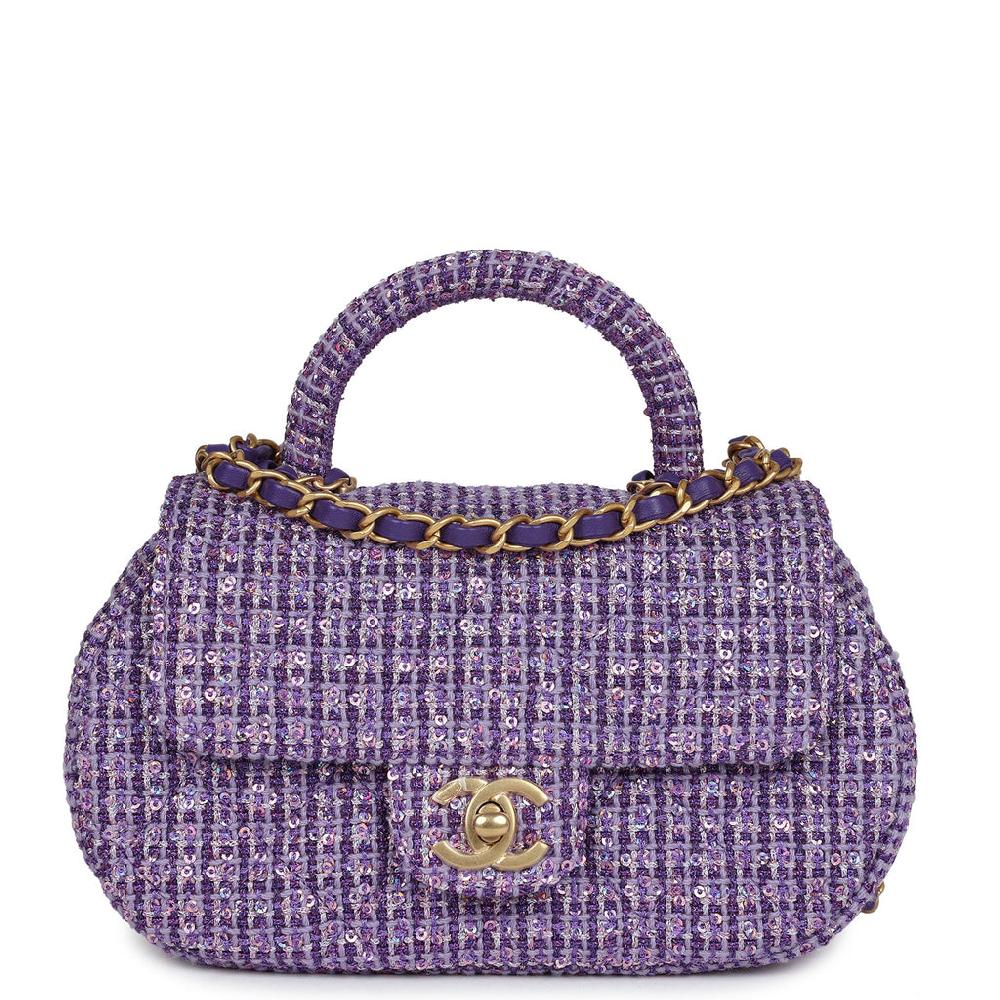 Chanel Mini Sequin Flap Bag with Top Handle Purple Tweed Antique Gold Hardware