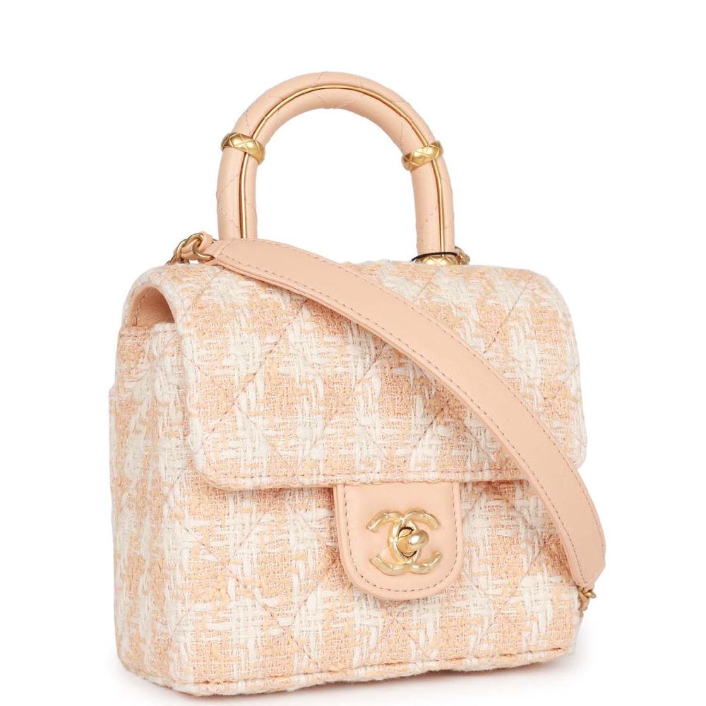 Chanel Mini Square Flap With Top Handle Light Orange And Ecru Tweed Antique Gold Hardware