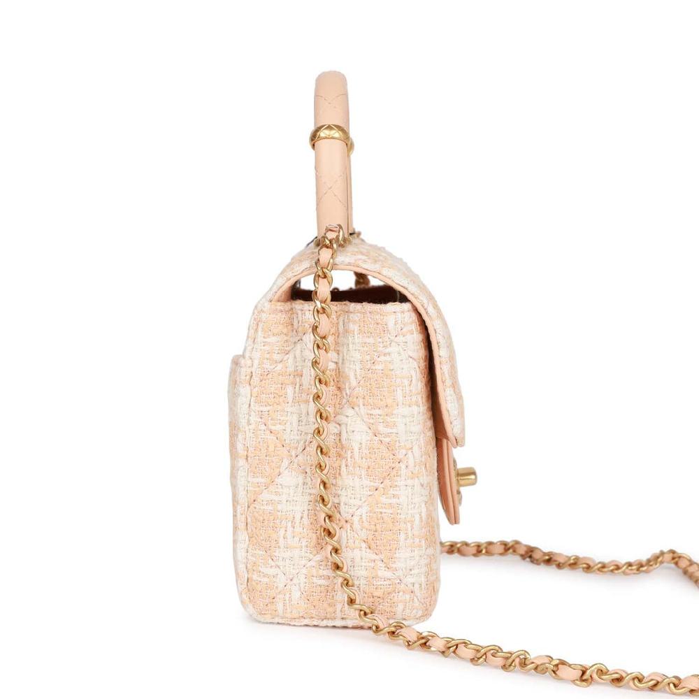 Chanel Mini Square Flap With Top Handle Light Orange And Ecru Tweed Antique Gold Hardware