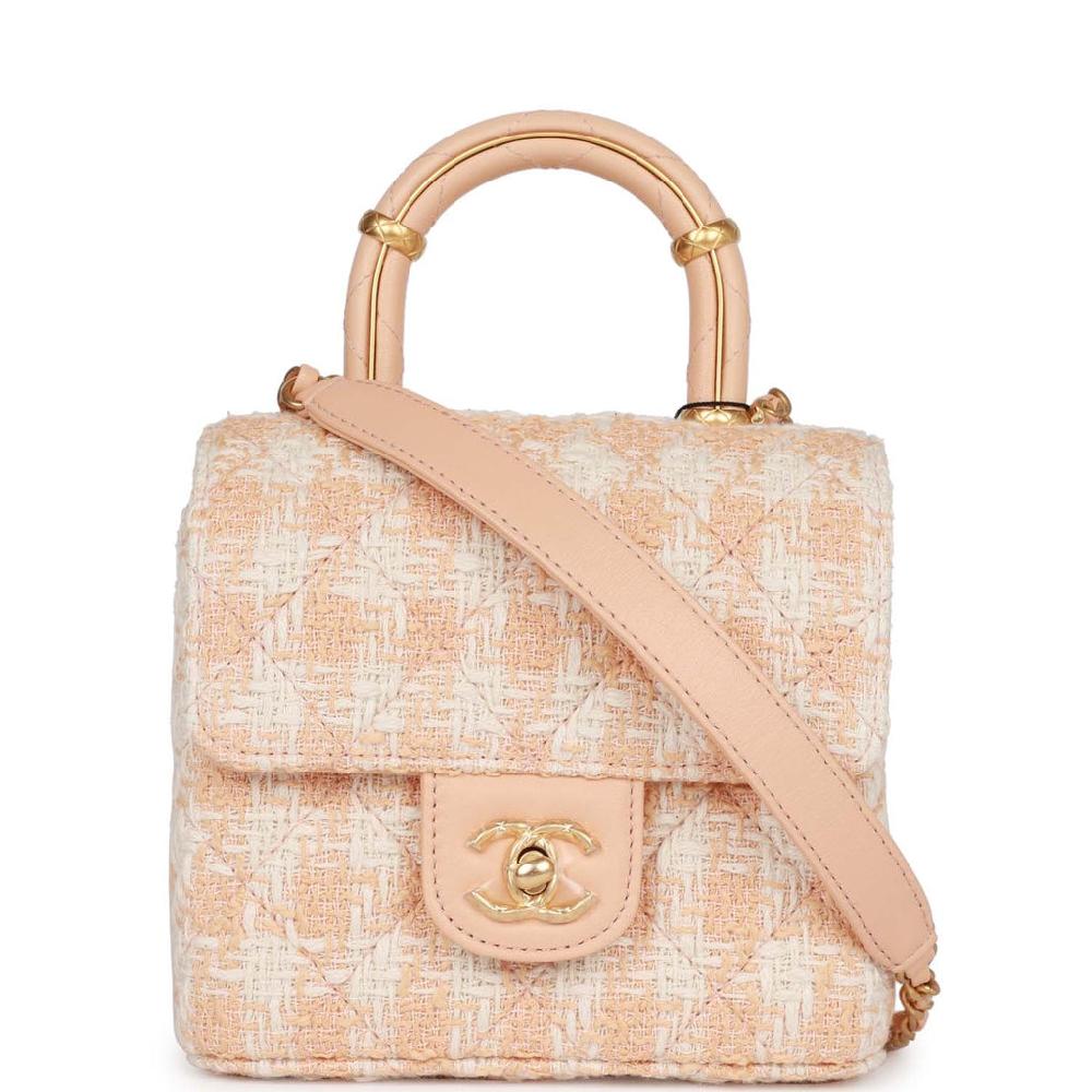 Chanel Mini Square Flap with Top Handle Light Orange and Ecru Tweed Antique Gold Hardware