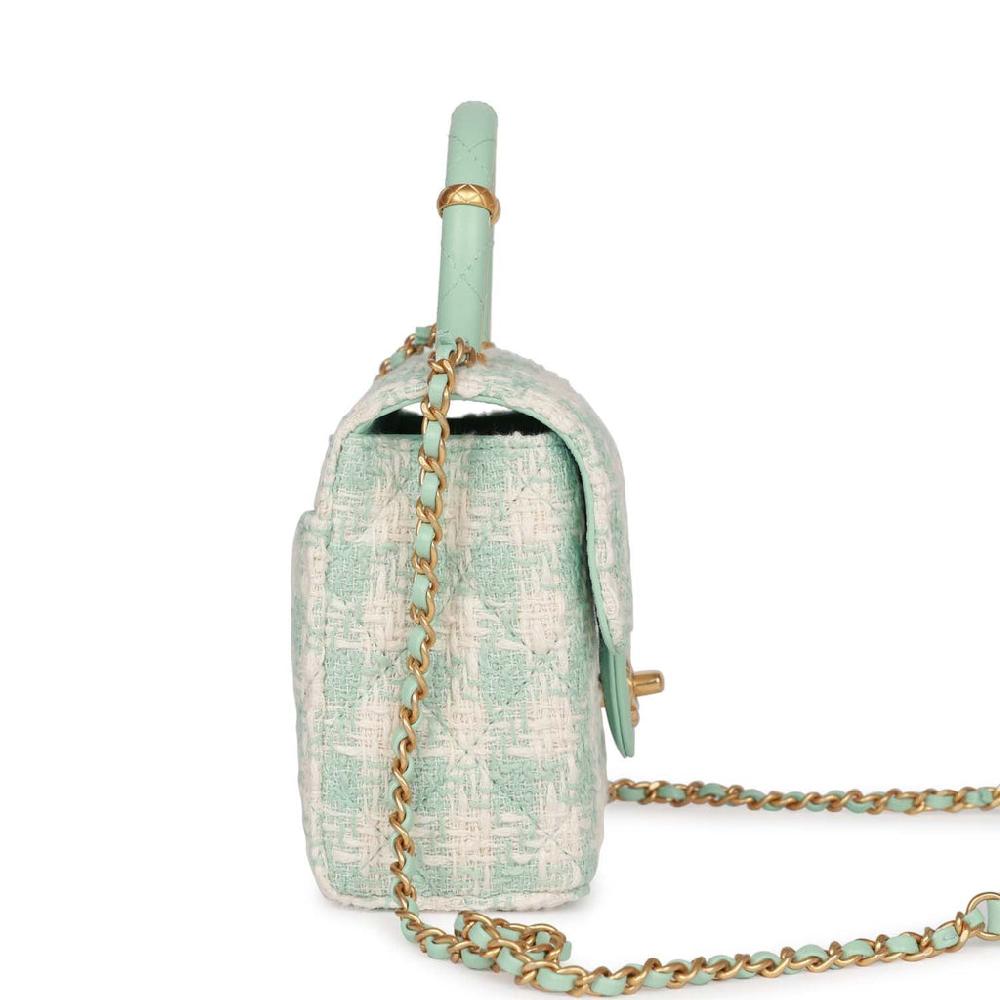 Chanel Mini Square Flap With Top Handle Turquoise And Ecru Tweed Antique Gold Hardware