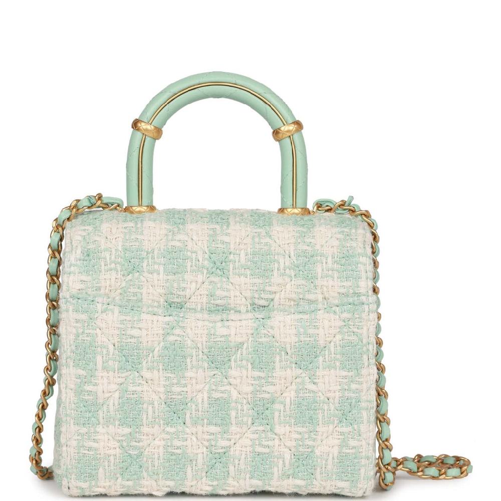 Chanel Mini Square Flap With Top Handle Turquoise And Ecru Tweed Antique Gold Hardware