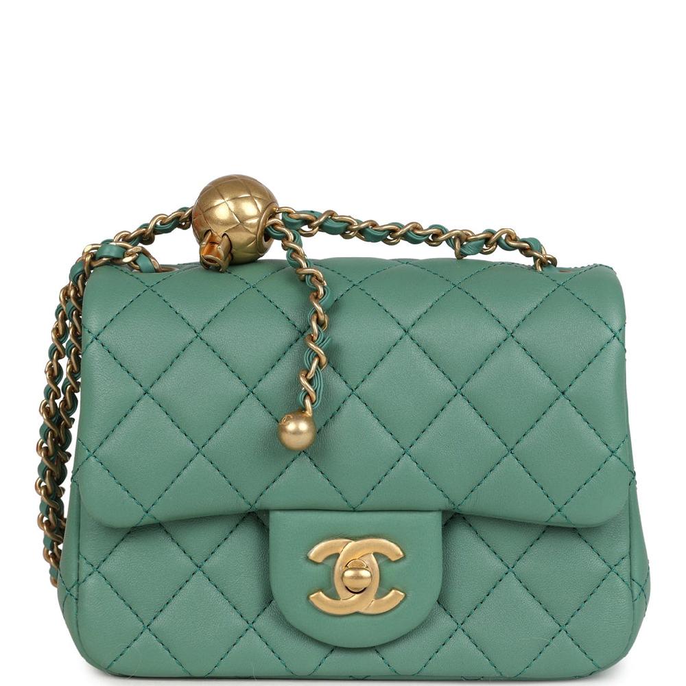Chanel Mini Square Pearl Crush Flap Bag Green Lambskin Antique Gold Hardware