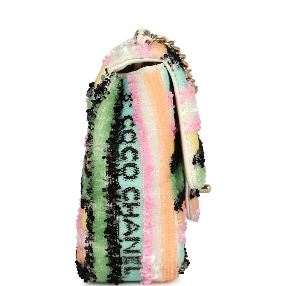 Chanel Mini Striped Coco Flap Bag Multicolor White Sequins Light Gold Hardware