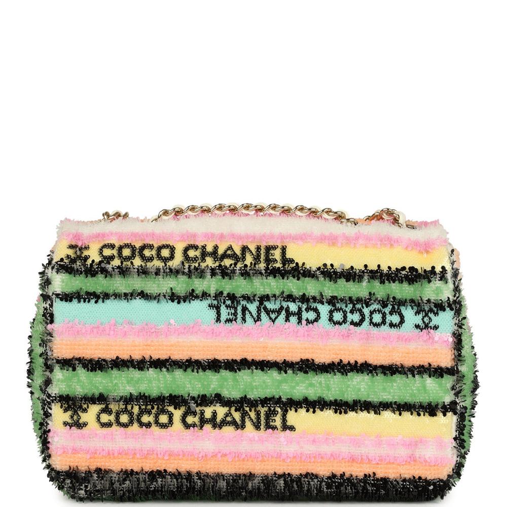 Chanel Mini Striped Coco Flap Bag Multicolor White Sequins Light Gold Hardware