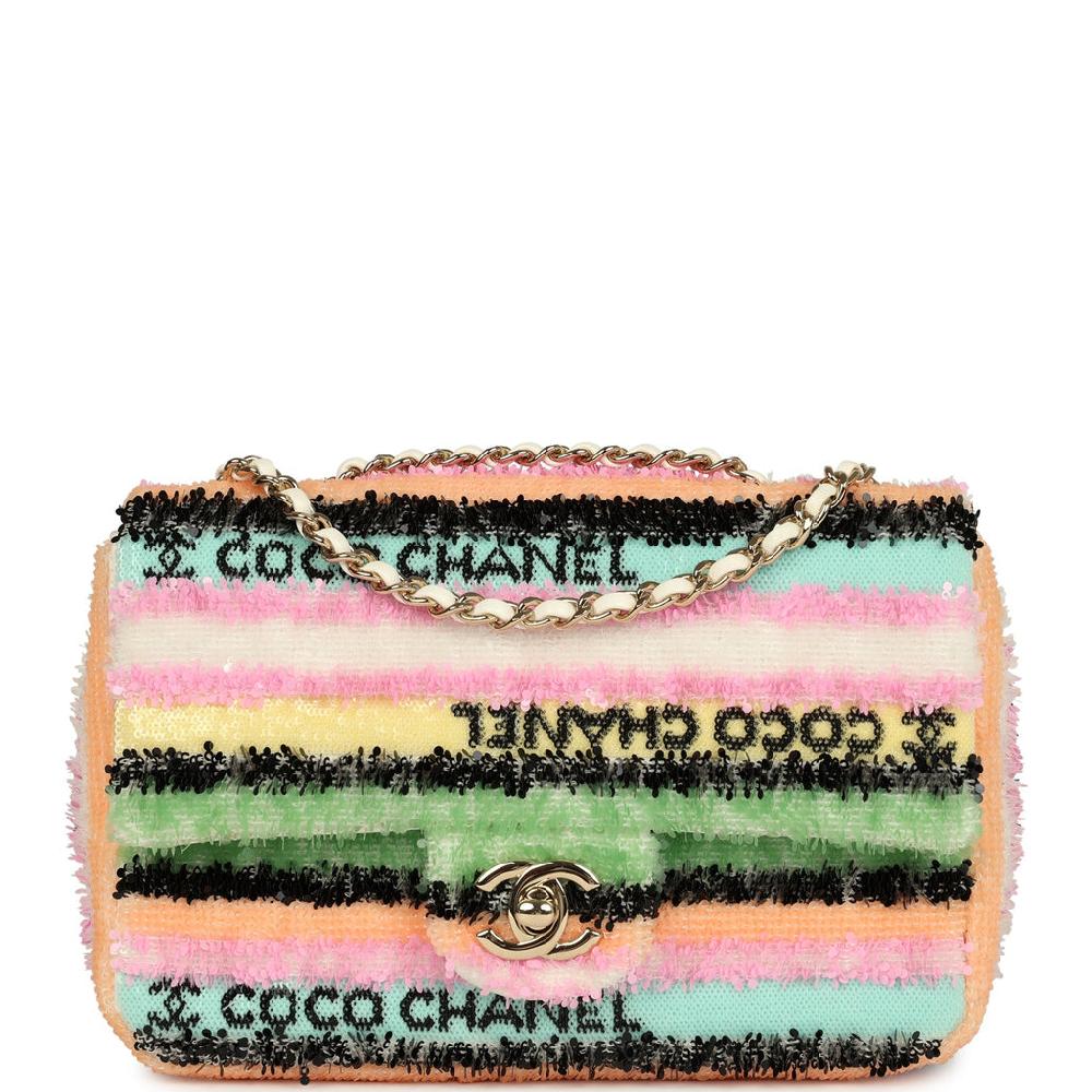 Chanel Mini Striped Coco Flap Bag Multicolor White Sequins Light Gold Hardware