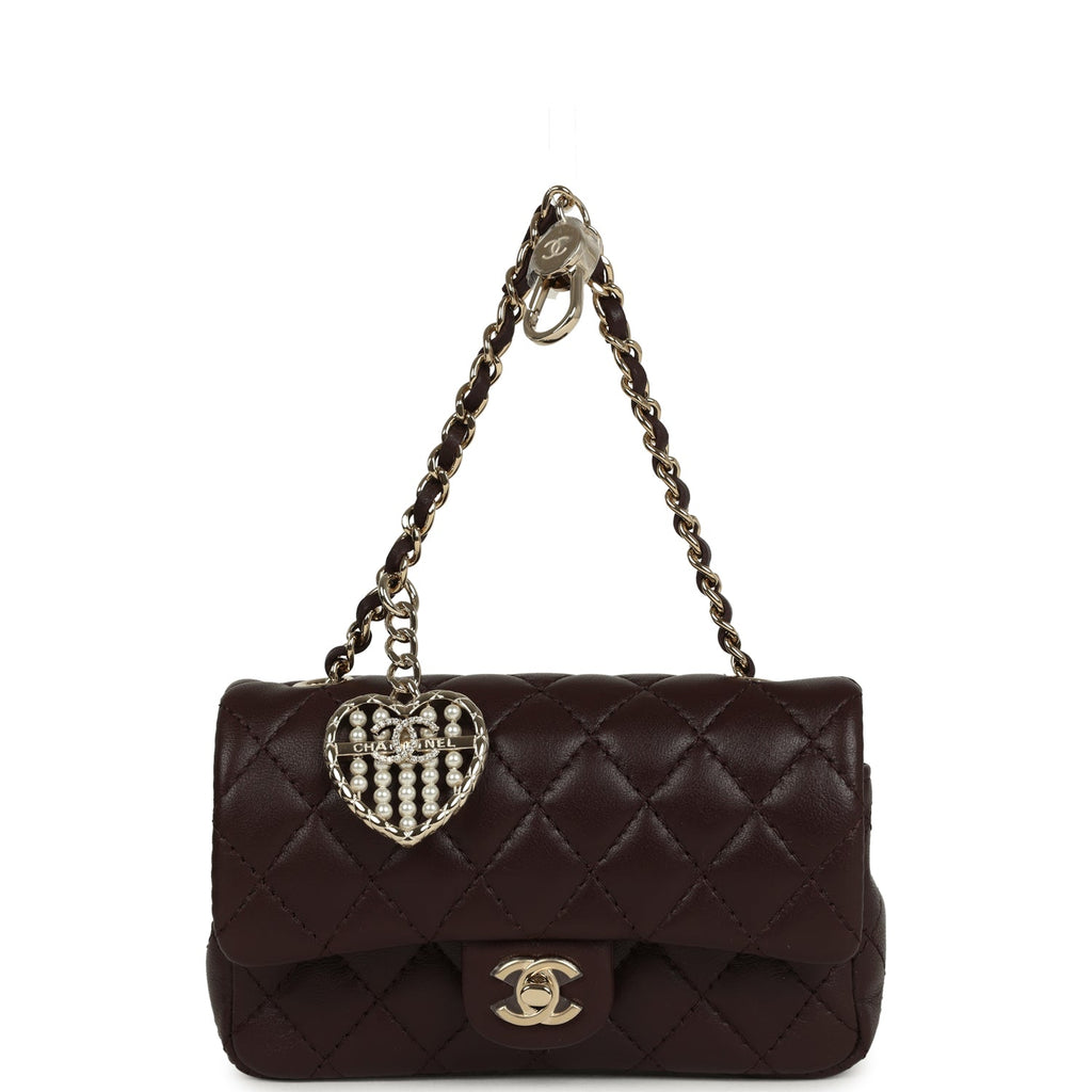Chanel Nano Classic Double Flap Bag Charm Dark Brown Lambskin Light Gold Hardware