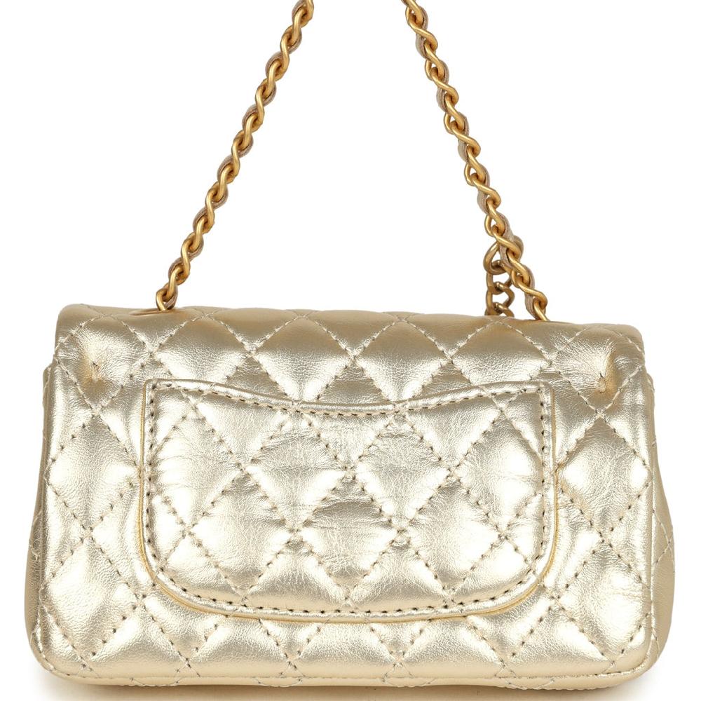 Chanel Nano Classic Double Flap Bag Charm Gold Metallic Calfskin Brushed Gold Hardware